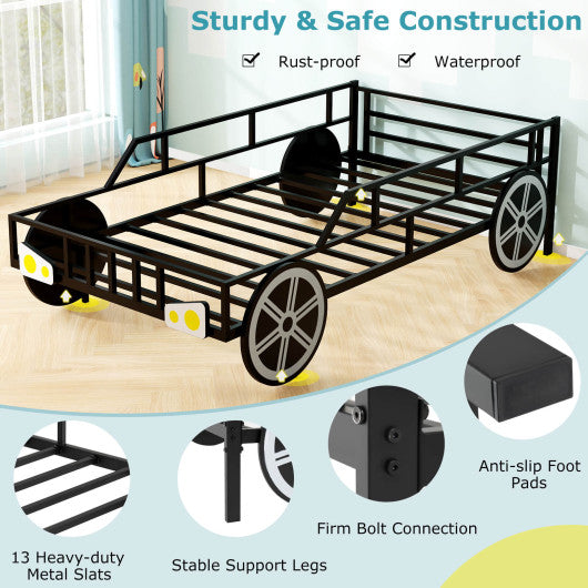 Twin-Size Kids Metal Bed Frame Car-Shaped with Safety Guardrails-Twin Size