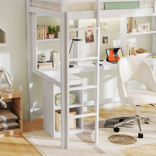 Twin Loft Bed with LED Light and Desk No Box Spring Needed-White