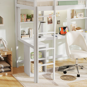 Twin Loft Bed with LED Light and Desk No Box Spring Needed-White