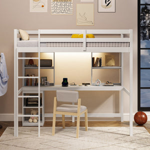 Twin Loft Bed with LED Light and Desk No Box Spring Needed-White