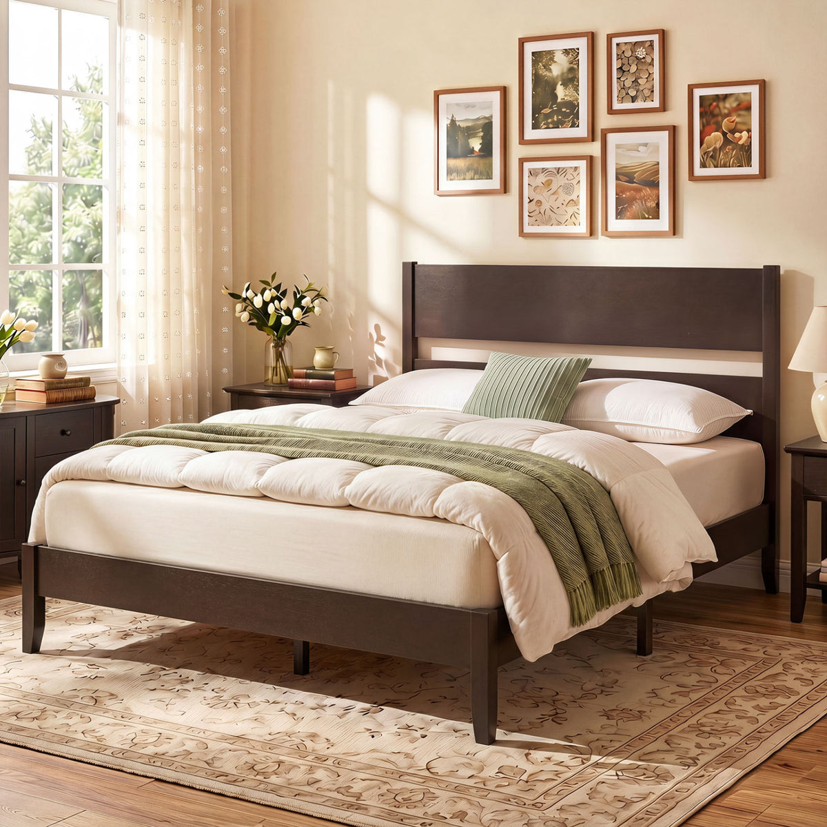 Full Bed Frame with Headboad and Solid Wood Legs 12 Slats-Dark Walnut