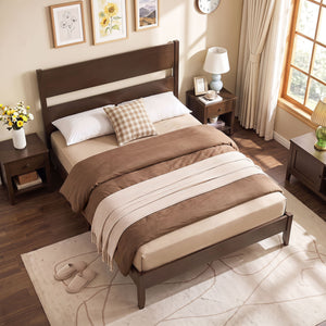 Full Bed Frame with Headboad and Solid Wood Legs 12 Slats-Dark Walnut