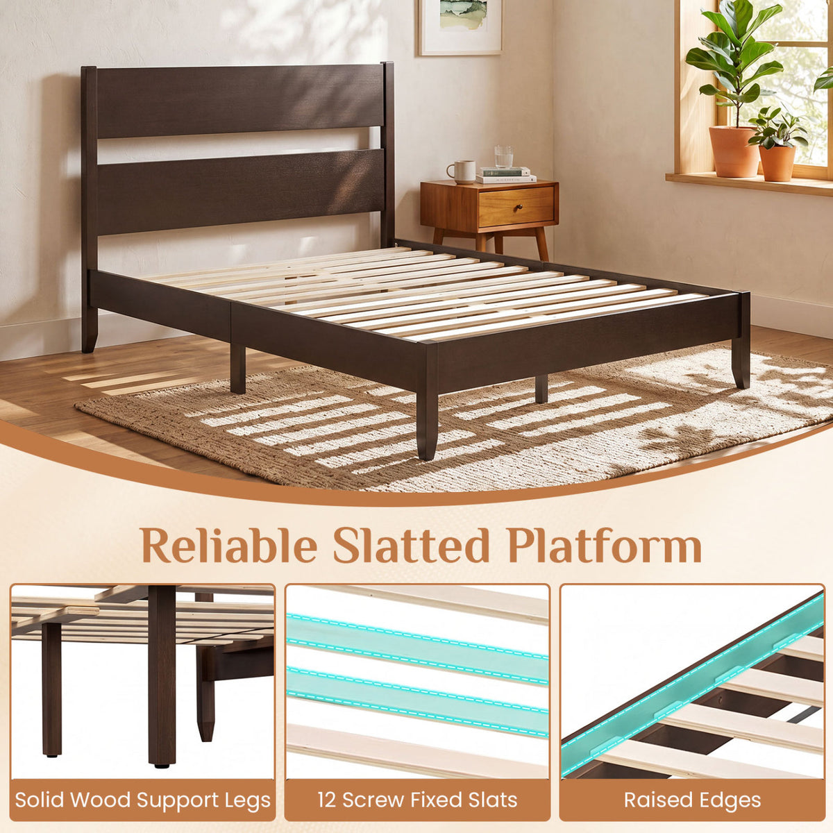 Full Bed Frame with Headboad and Solid Wood Legs 12 Slats-Dark Walnut