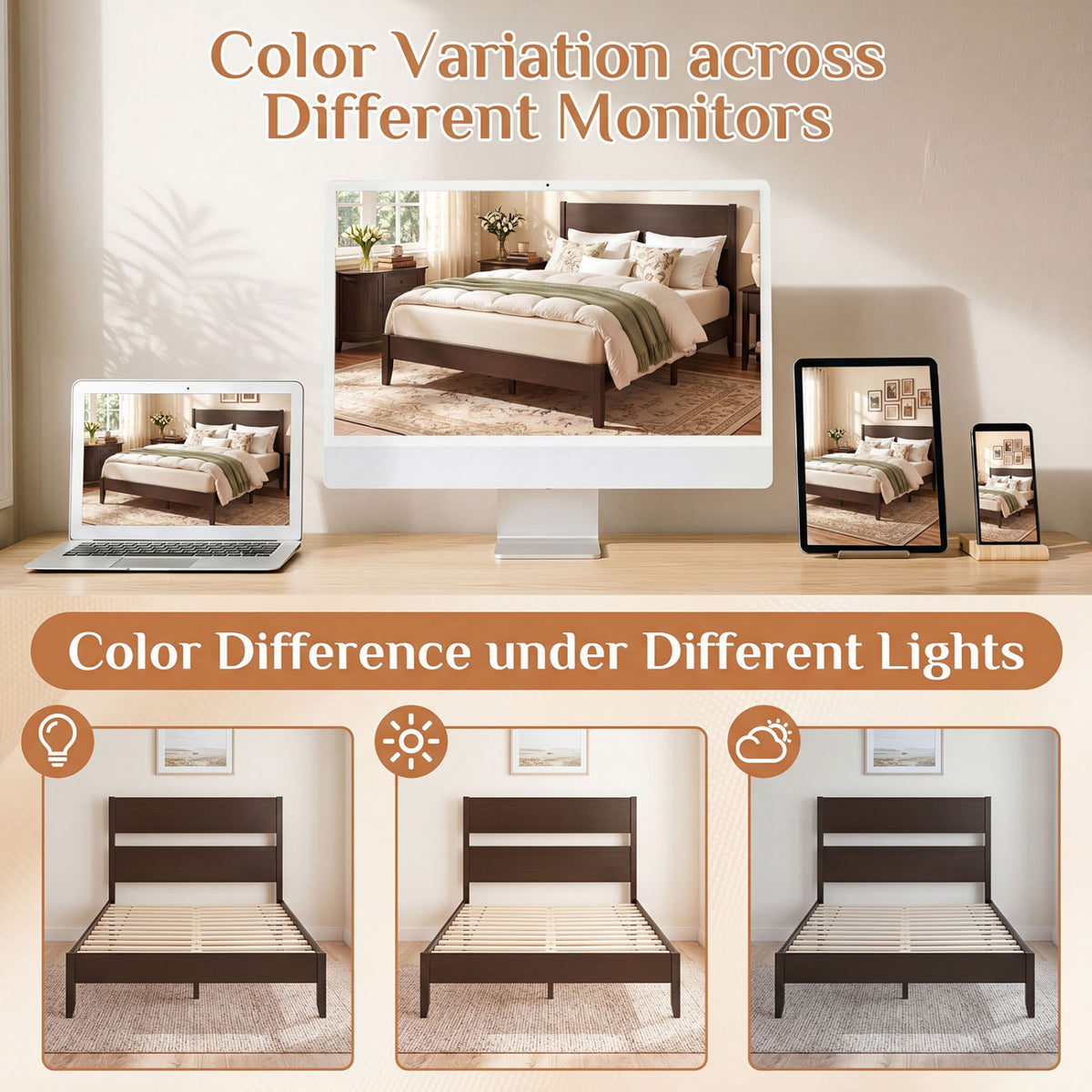 Full Bed Frame with Headboad and Solid Wood Legs 12 Slats-Dark Walnut
