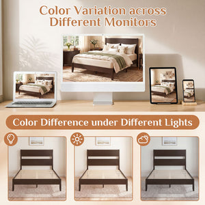 Full Bed Frame with Headboad and Solid Wood Legs 12 Slats-Dark Walnut