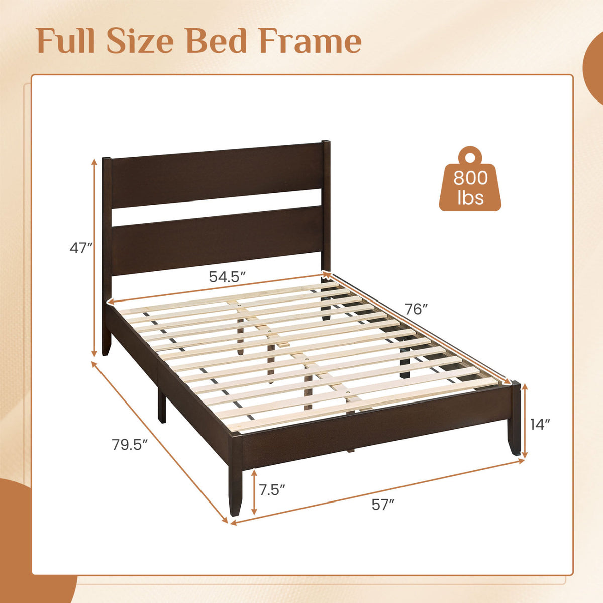 Full Bed Frame with Headboad and Solid Wood Legs 12 Slats-Dark Walnut