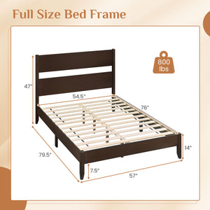 Full Bed Frame with Headboad and Solid Wood Legs 12 Slats-Dark Walnut