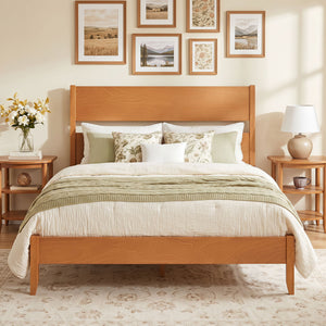 Full Bed Frame with Headboad and Solid Wood Legs 12 Slats-Warm Brown