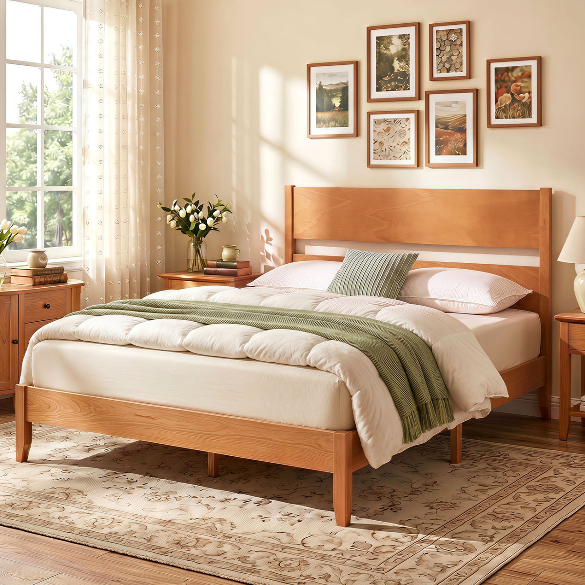 Full Bed Frame with Headboad and Solid Wood Legs 12 Slats-Warm Brown