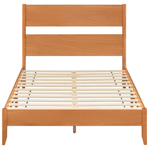 Full Bed Frame with Headboad and Solid Wood Legs 12 Slats-Warm Brown