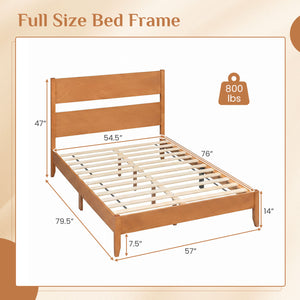 Full Bed Frame with Headboad and Solid Wood Legs 12 Slats-Warm Brown