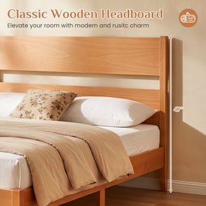 Full Bed Frame with Headboad and Solid Wood Legs 12 Slats-Warm Brown