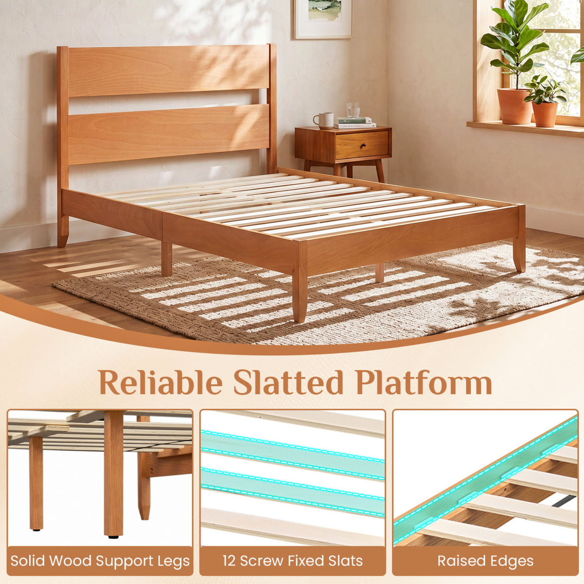 Full Bed Frame with Headboad and Solid Wood Legs 12 Slats-Warm Brown