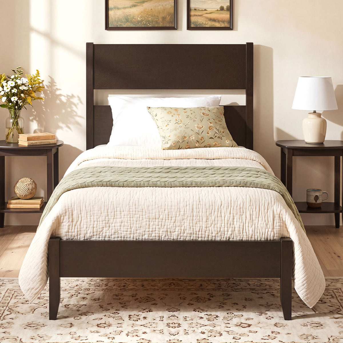 Twin Bed Frame with Headboard with Solid Wood Legs 12 Slats-Rustic Brown-Dark Walnut