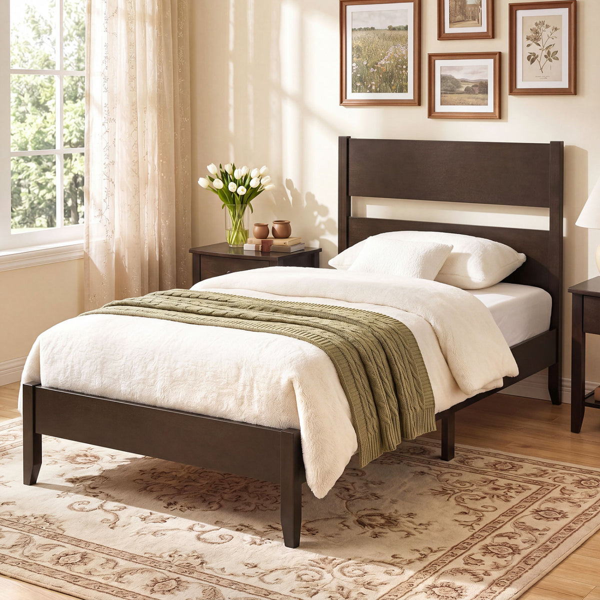 Twin Bed Frame with Headboard with Solid Wood Legs 12 Slats-Rustic Brown-Dark Walnut