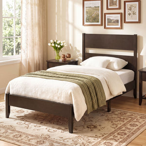 Twin Bed Frame with Headboard with Solid Wood Legs 12 Slats-Rustic Brown-Dark Walnut