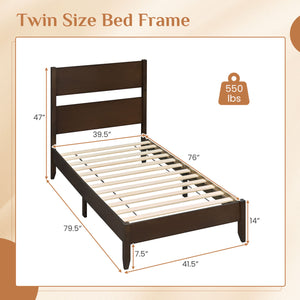Twin Bed Frame with Headboard with Solid Wood Legs 12 Slats-Rustic Brown-Dark Walnut