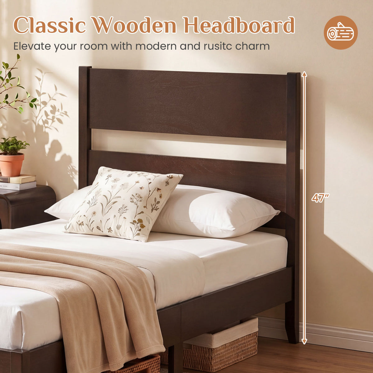 Twin Bed Frame with Headboard with Solid Wood Legs 12 Slats-Rustic Brown-Dark Walnut