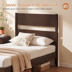 Twin Bed Frame with Headboard with Solid Wood Legs 12 Slats-Rustic Brown-Dark Walnut
