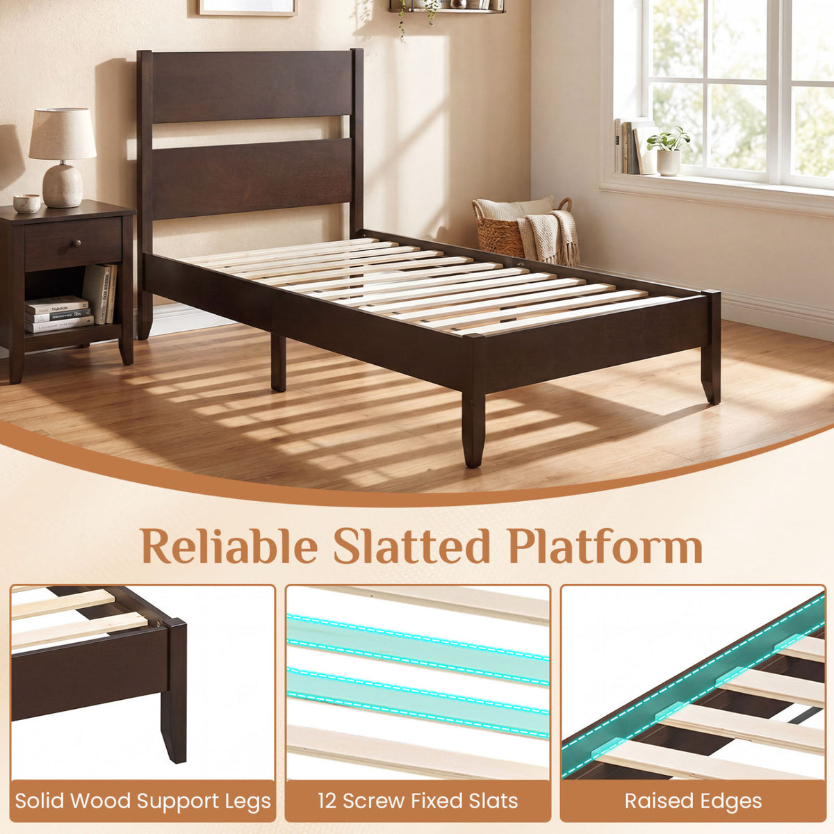Twin Bed Frame with Headboard with Solid Wood Legs 12 Slats-Rustic Brown-Dark Walnut