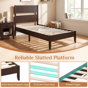 Twin Bed Frame with Headboard with Solid Wood Legs 12 Slats-Rustic Brown-Dark Walnut
