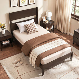 Twin Bed Frame with Headboard with Solid Wood Legs 12 Slats-Warm Brown
