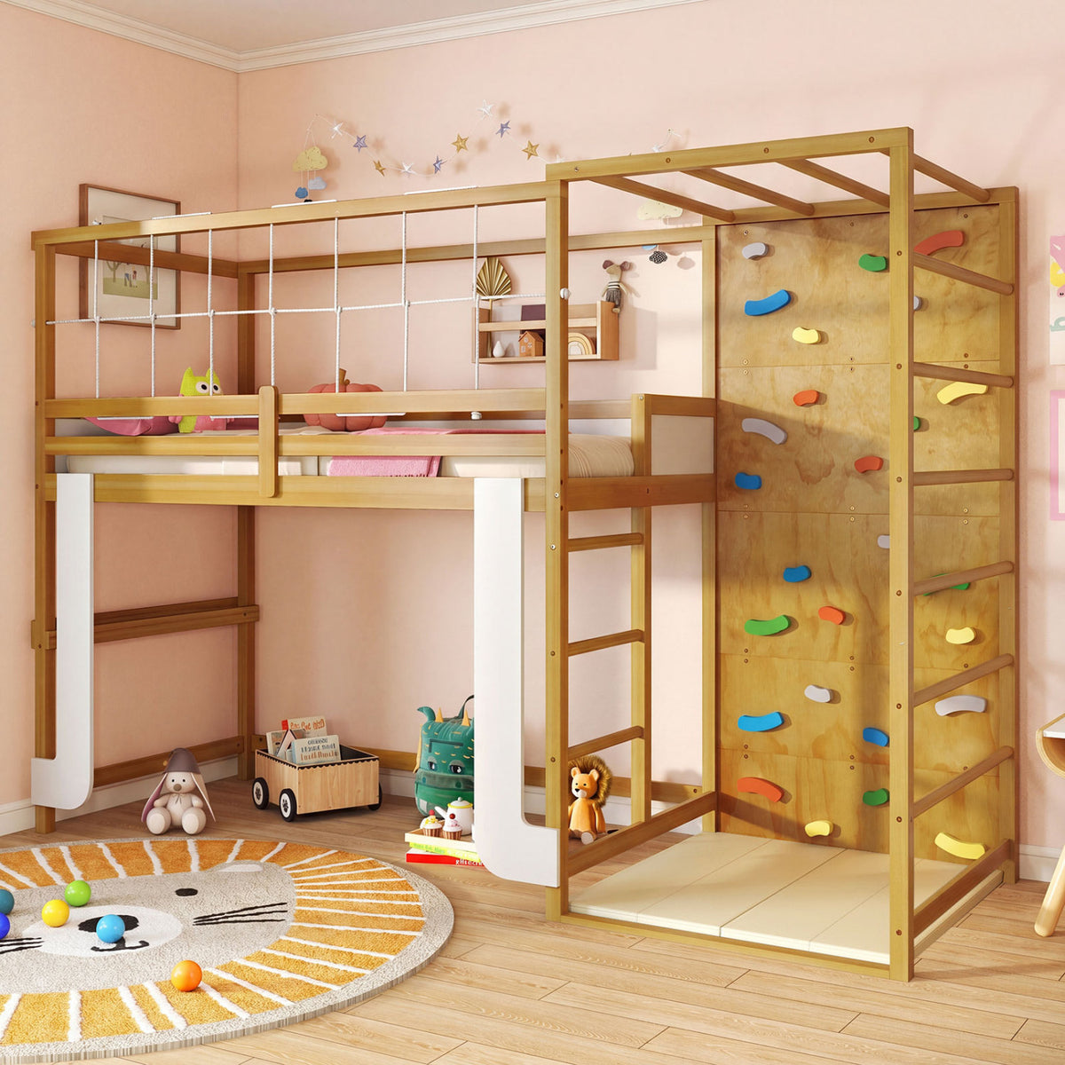 Twin Bunk Bed with Jungle Gym Wooden Loft Bed with Climbing Ladder-Natural