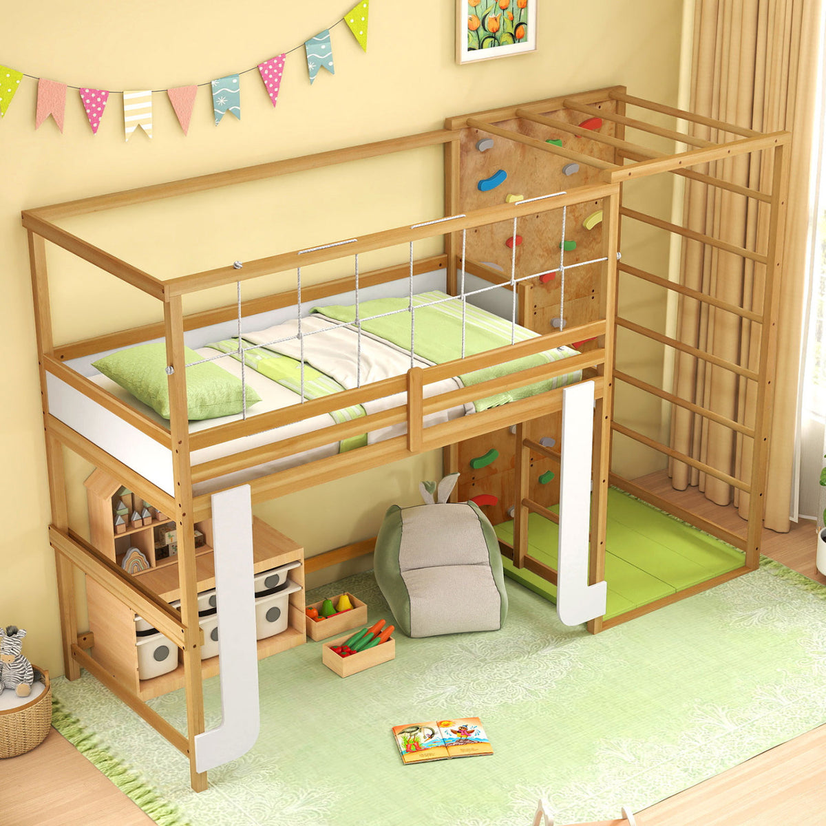 Twin Bunk Bed with Jungle Gym Wooden Loft Bed with Climbing Ladder-Natural