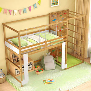 Twin Bunk Bed with Jungle Gym Wooden Loft Bed with Climbing Ladder-Natural