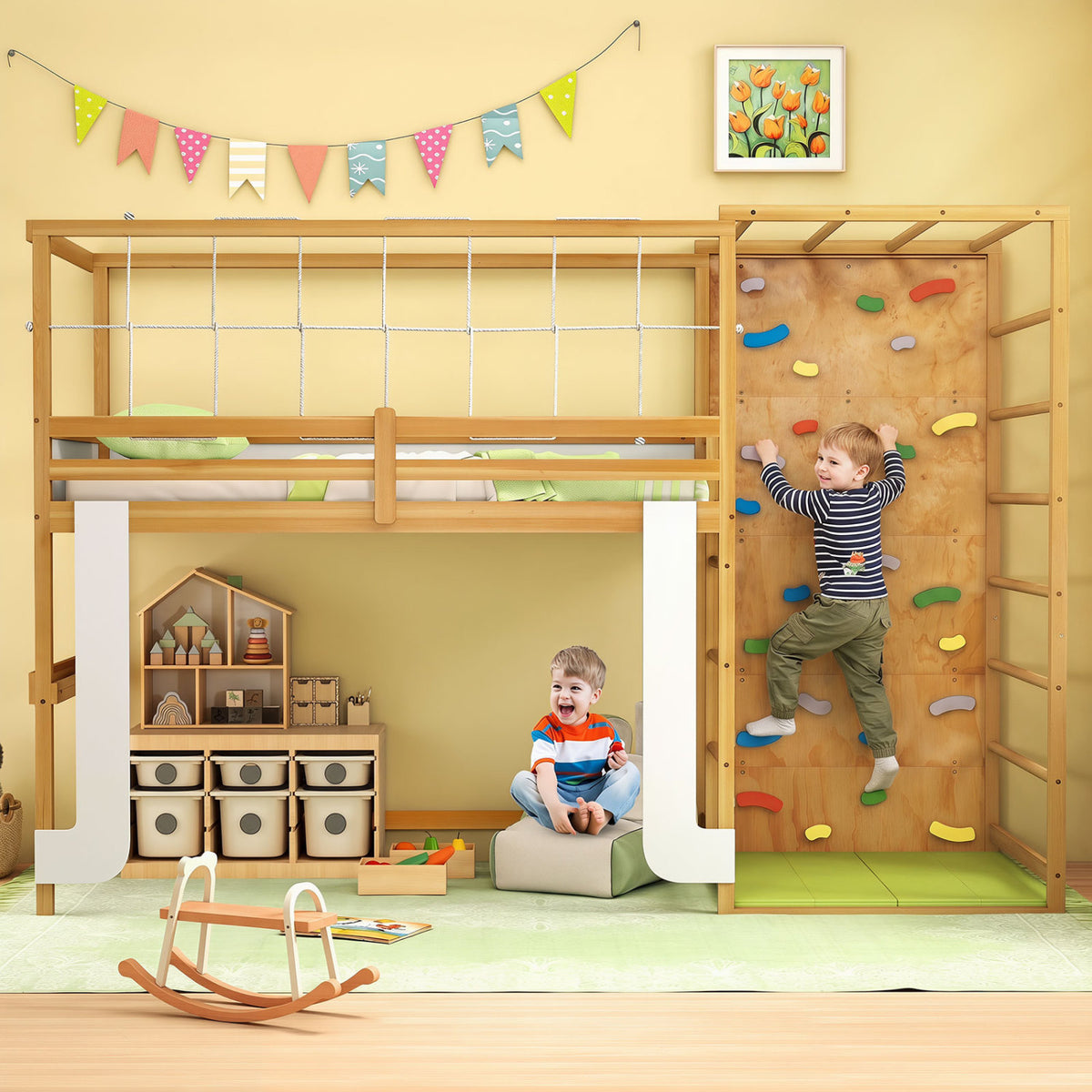 Twin Bunk Bed with Jungle Gym Wooden Loft Bed with Climbing Ladder-Natural