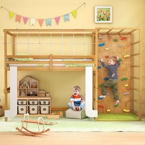 Twin Bunk Bed with Jungle Gym Wooden Loft Bed with Climbing Ladder-Natural