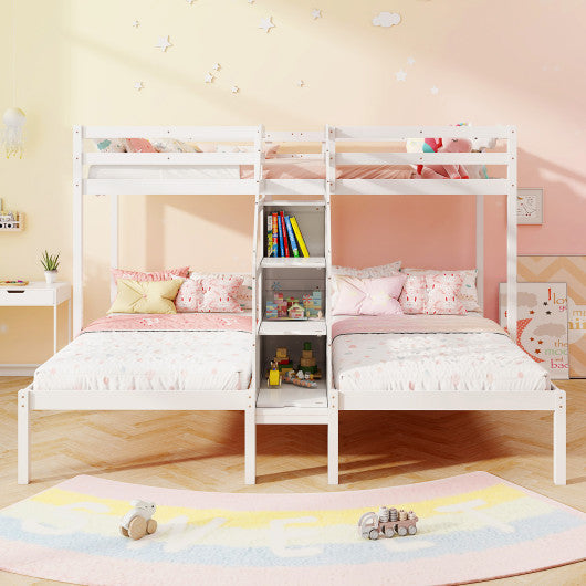 Twin Over Twin and Twin Bunk Bed with Storage Staircase and Guardrail for 3 Kids Teens-White