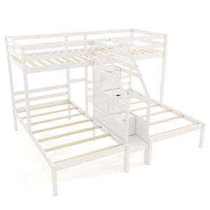 Twin Over Twin and Twin Bunk Bed with Storage Staircase and Guardrail for 3 Kids Teens-White