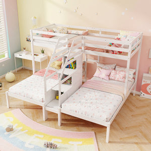 Twin Over Twin and Twin Bunk Bed with Storage Staircase and Guardrail for 3 Kids Teens-White