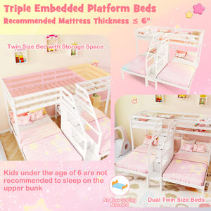 Twin Over Twin and Twin Bunk Bed with Storage Staircase and Guardrail for 3 Kids Teens-White