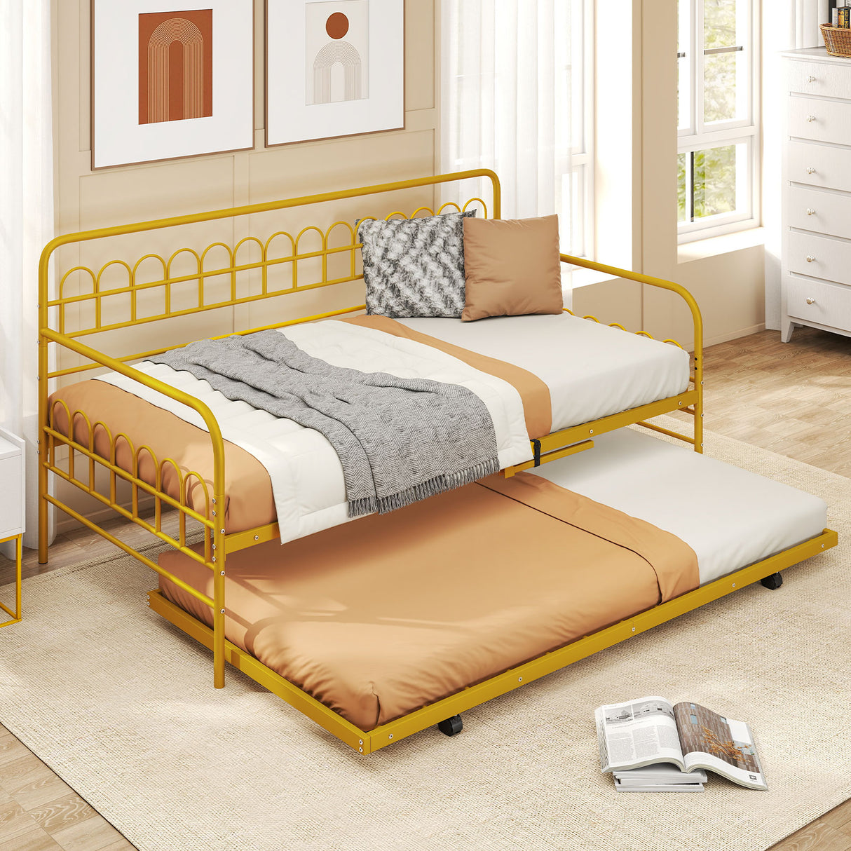 Twin Daybed with Curved Backrest and Armrests-Gold