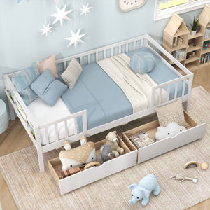 Twin Daybed with Fence and 2 Drawers Kids Bed for Boys & Girls-White