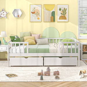 Twin Daybed with Fence and 2 Drawers Kids Bed for Boys & Girls-White