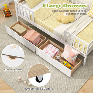 Twin Daybed with Fence and 2 Drawers Kids Bed for Boys & Girls-White