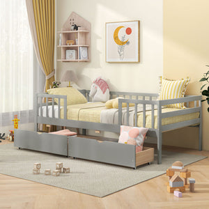 Twin Daybed with Fence and 2 Drawers Kids Bed for Boys & Girls-Gray