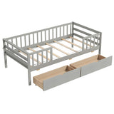 Twin Daybed with Fence and 2 Drawers Kids Bed for Boys & Girls-Gray