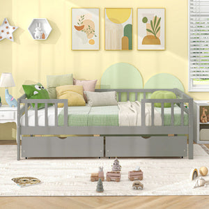 Twin Daybed with Fence and 2 Drawers Kids Bed for Boys & Girls-Gray