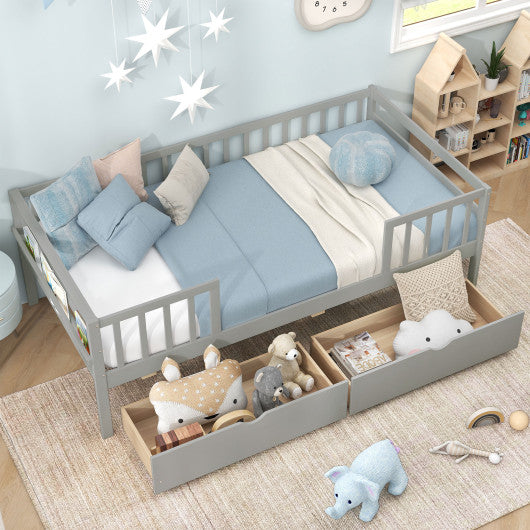 Twin Daybed with Fence and 2 Drawers Kids Bed for Boys & Girls-Gray