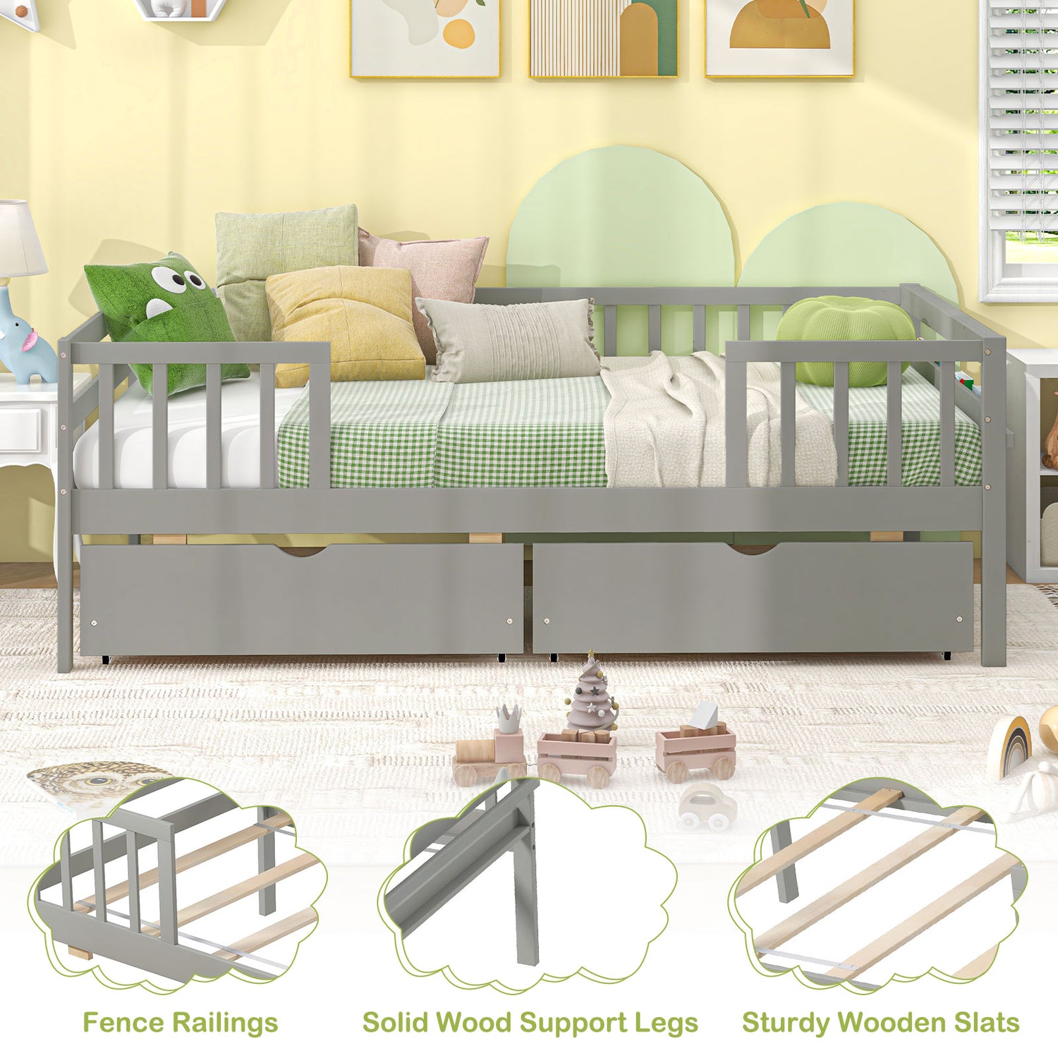 Twin Daybed with Fence and 2 Drawers Kids Bed for Boys & Girls-Gray