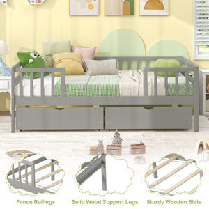 Twin Daybed with Fence and 2 Drawers Kids Bed for Boys & Girls-Gray