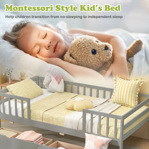 Twin Daybed with Fence and 2 Drawers Kids Bed for Boys & Girls-Gray