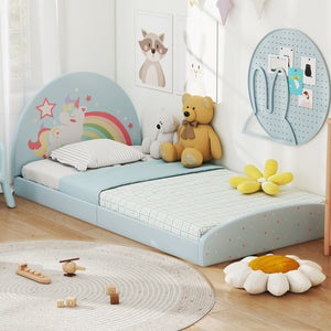 Twin Floor Bed Frame Upholstered Twin Size Kids Floor Bed with 210D Oxford Cloth Floor Mat-Blue