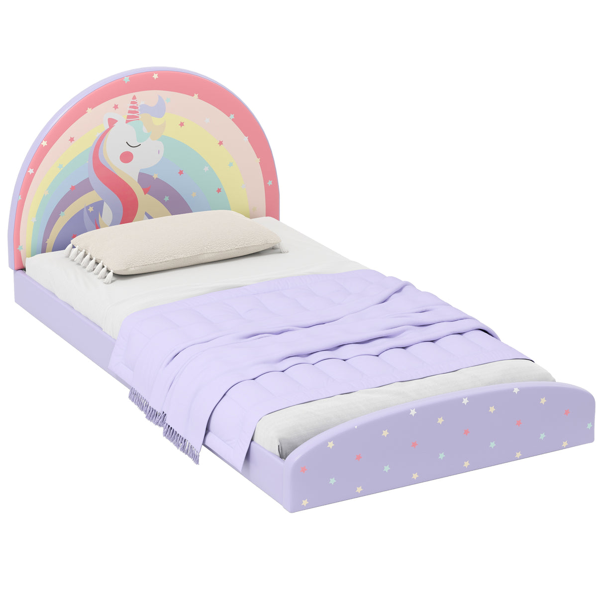 Twin Floor Bed Frame Upholstered Twin Size Kids Floor Bed with 210D Oxford Cloth Floor Mat-Purple