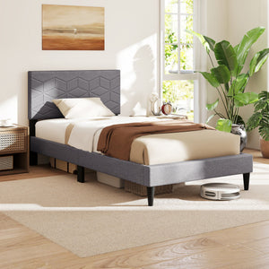 Twin/Full/Queen Size Bed Frame Modern Platform Bed with Linen Fabric Upholstered Headboard-Twin