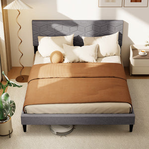 Twin/Full/Queen Size Bed Frame Modern Platform Bed with Linen Fabric Upholstered Headboard-Queen